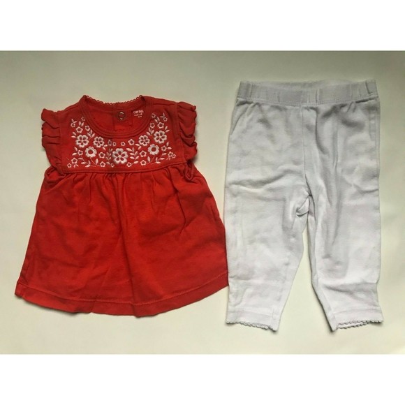 Baby Girl's Size 6M 3-6 Months Two Pc Carter's Red Floral Top, White Leggings - Picture 1 of 6